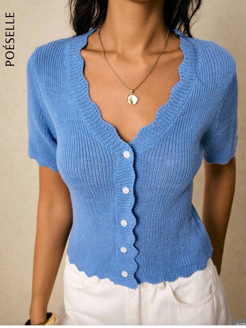 Poéselle Light Blue Scalloped V-Neck Button-Front Sweater